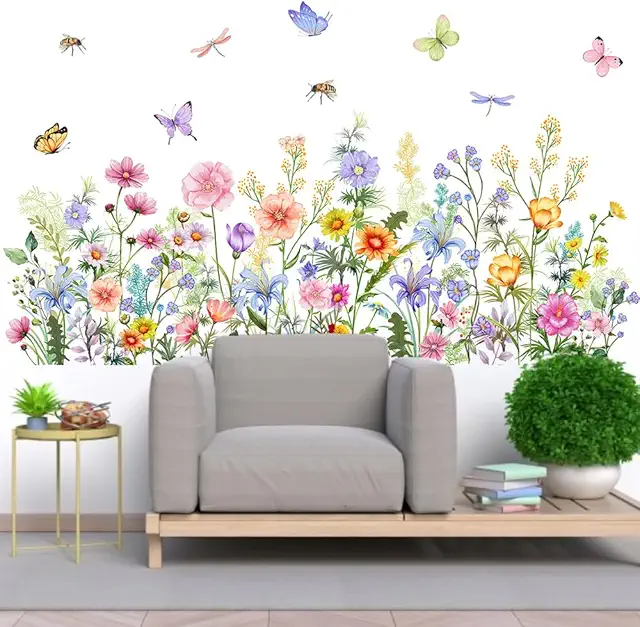 YAANBUNB 2-Sheet Pink Wildflower Floral Wall Decals for Living Room & Bedroom