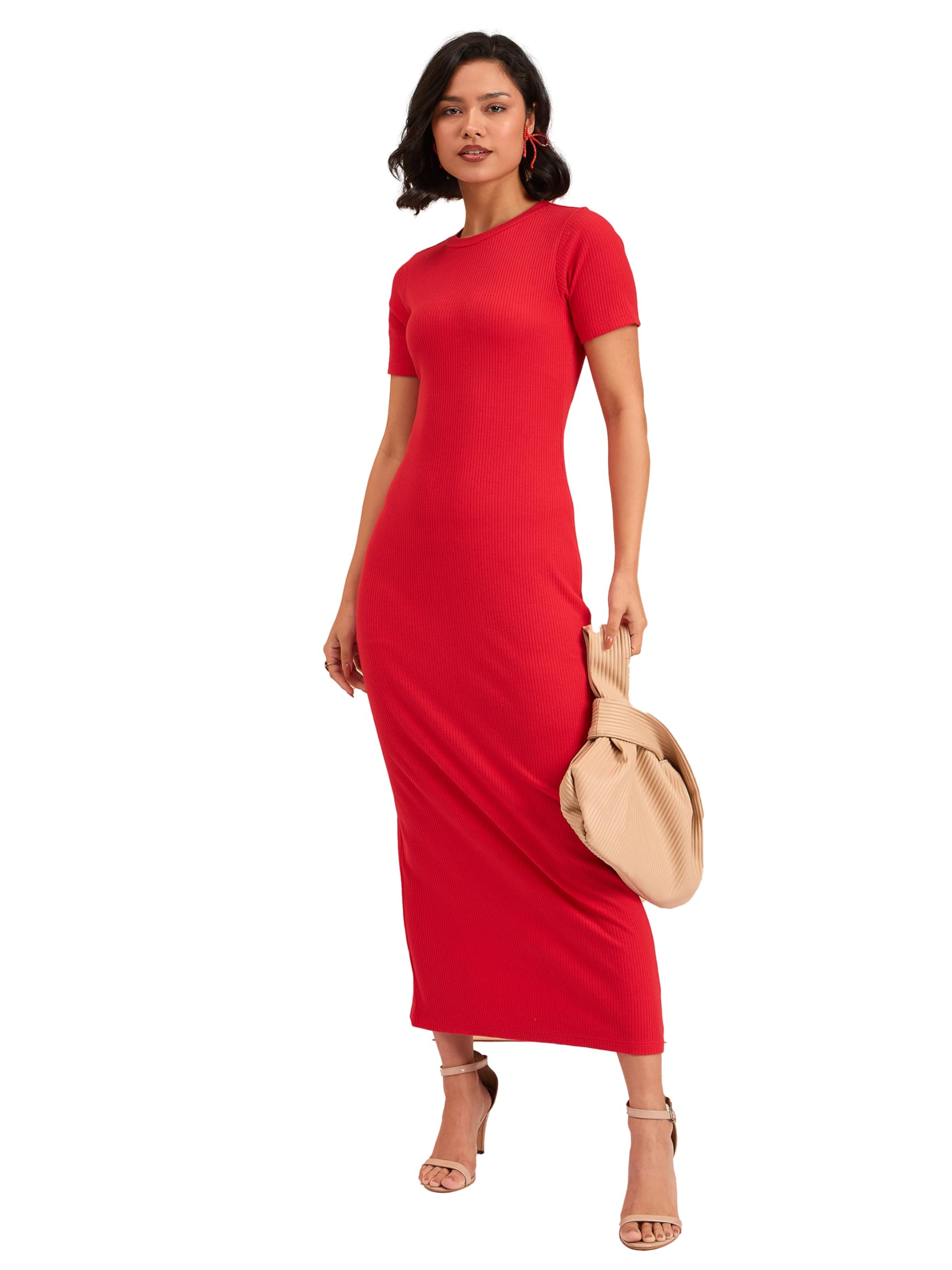 barcino Red Rib Bodycon Back Slit Maxi Dress-picture-53