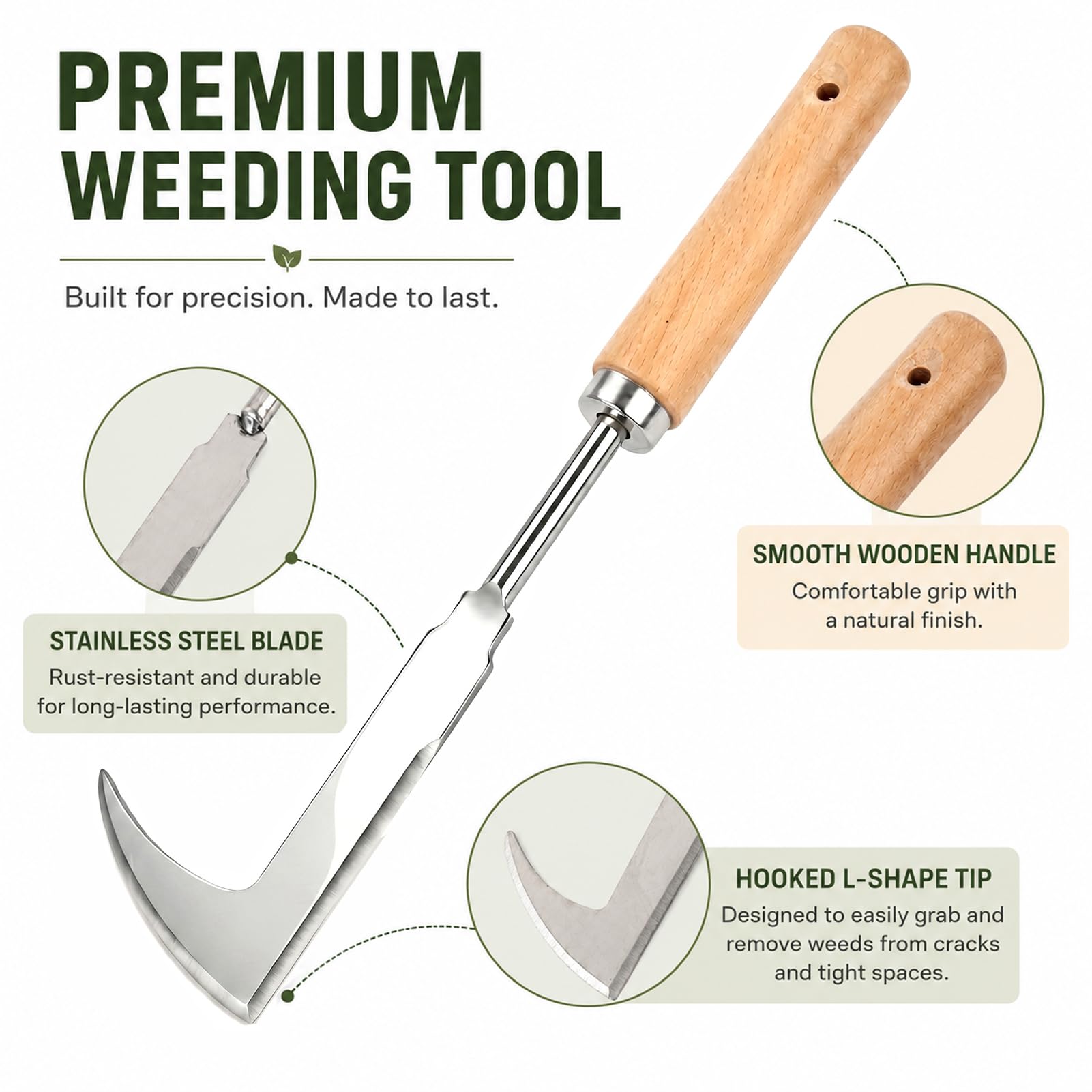 Couteau Désherbeur 31,5 cm avec Manche en Bois, Outil à Main pour Enlever Mousse et Mauvaises Herbes des Fissures, Lame en Acier Inoxydable Dentelée, Jardinage
