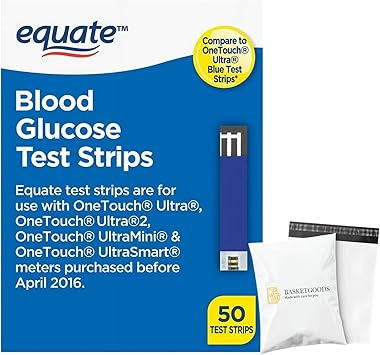 Equate Diabetic Blood Sugar Test Strips - 50ct Pack of 1 - Accurate Glucose Testing for Diabetes Control, Set by Basket Goods