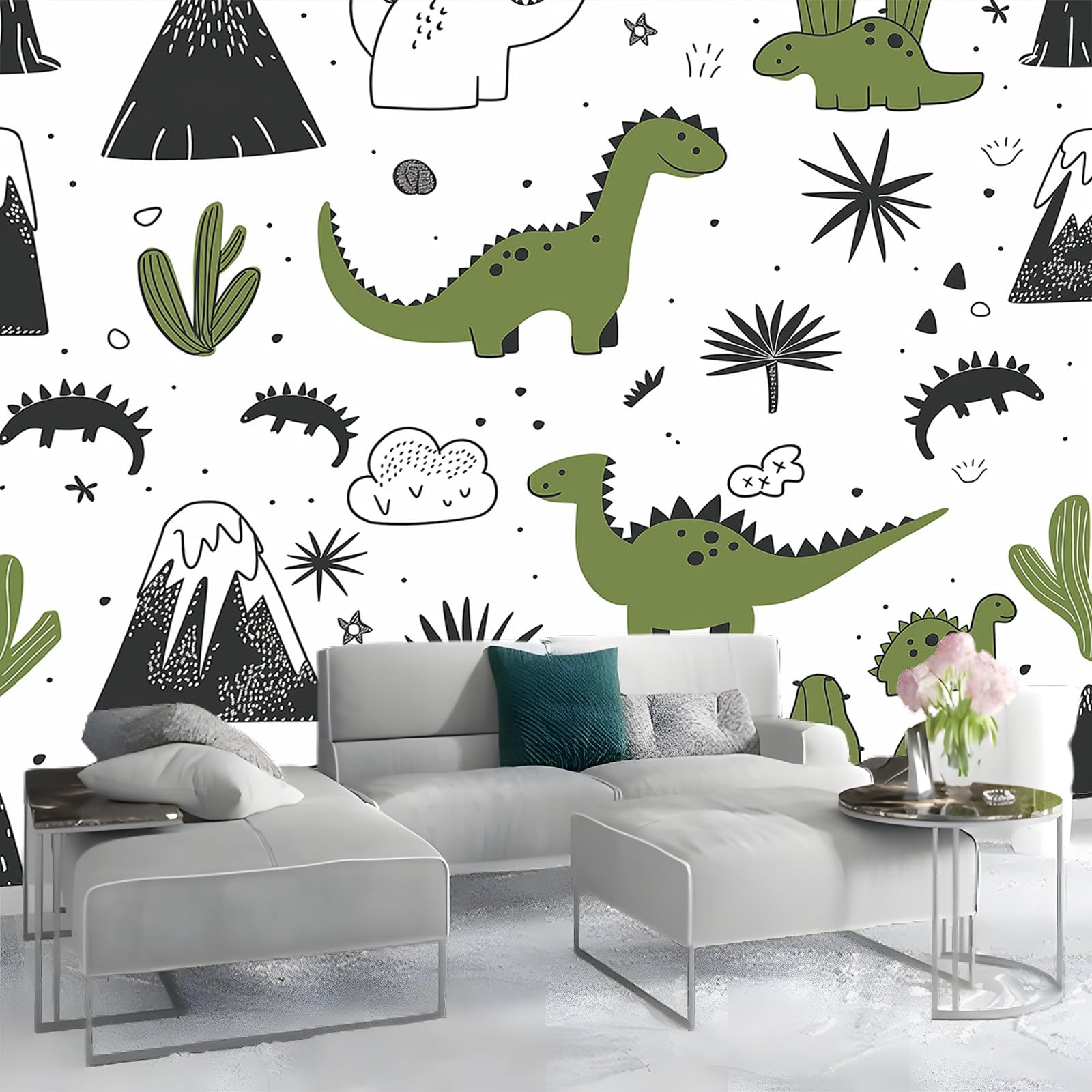 Tapety 250 x 175 cm tapeta z nadrukiem artystyczna tapeta z włókniny do różnych pomieszczeń uroczy dinozaur kreskówka roślina dekoracja ścienna salon sypialnia sypialnia zielony czarny