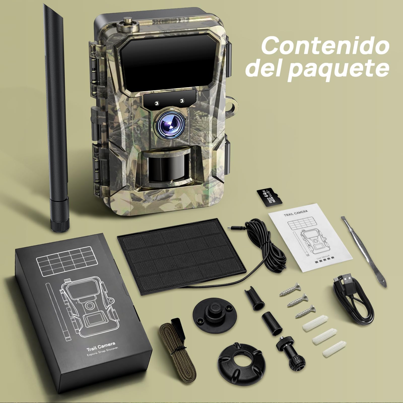 iZEEKER 2 en 1 Solar Cámara de Caza 4G LTE con SIM y Micro SD Karte 64GB, HD 48MP Fototrampeo Nocturna con App, Batería Recargable de 5200mAh, Detección Movimiento, IP66 Impermeable, Sin Wi-Fi