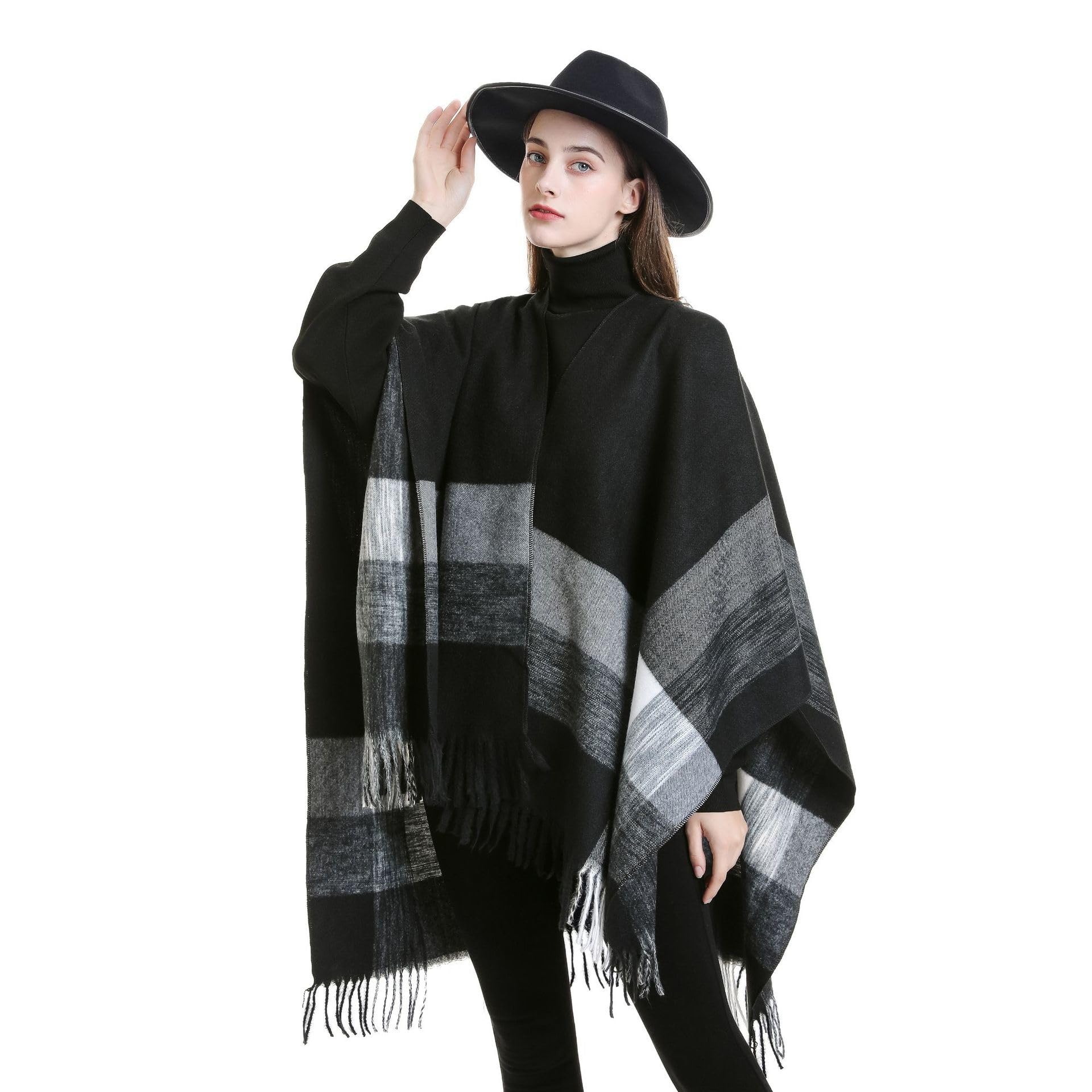 Autunno Inverno Plaid Tassel Scialle Donna Caldo Cardigan Poncho Donna Mantella Larga sopra Cappotto (Bianco DP2923 Taglia Unica)