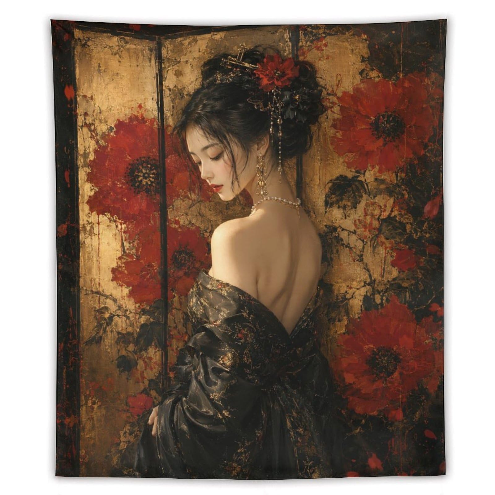 W7C8U2X3 Red Poppy Woman Gold Wall Tapestry, Oil Painting, Living Room