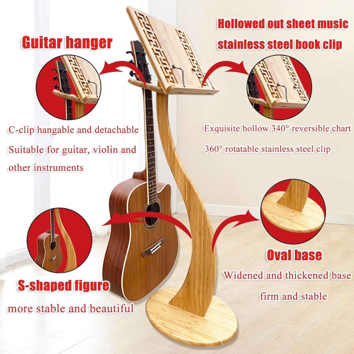 Bamboo Sheet Music Stand, Violin Music Stand, 340° Flip Design, Detachable, Professional Music Book Holder, Stability, for Performence, Guitar, Ukulele, Violin Players