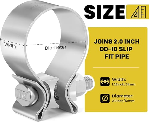 Miniatura 2 de Abrazadera de escape de 2.008 in, 2.0 pulgadas, junta a tope de acero inoxidable 304, abrazadera de banda de regazo de acero inoxidable para
