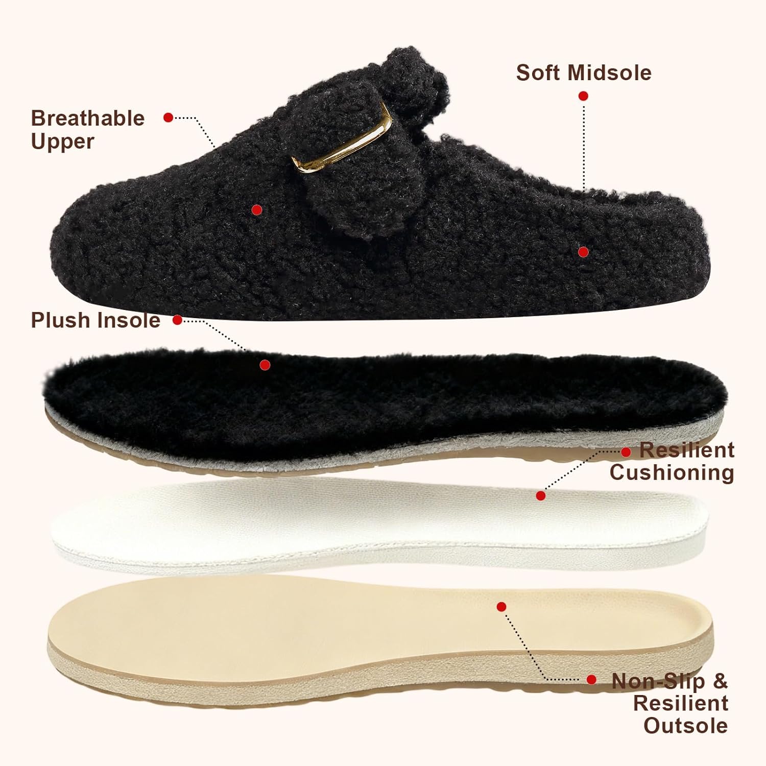Women's Slip on Fuzzy Clogs with Adjustable Buckle Memory Foam Loafer Slippers with Polar Fleece Outdoor Warm Plush Slippers with Faux Fur Lining - Image 4