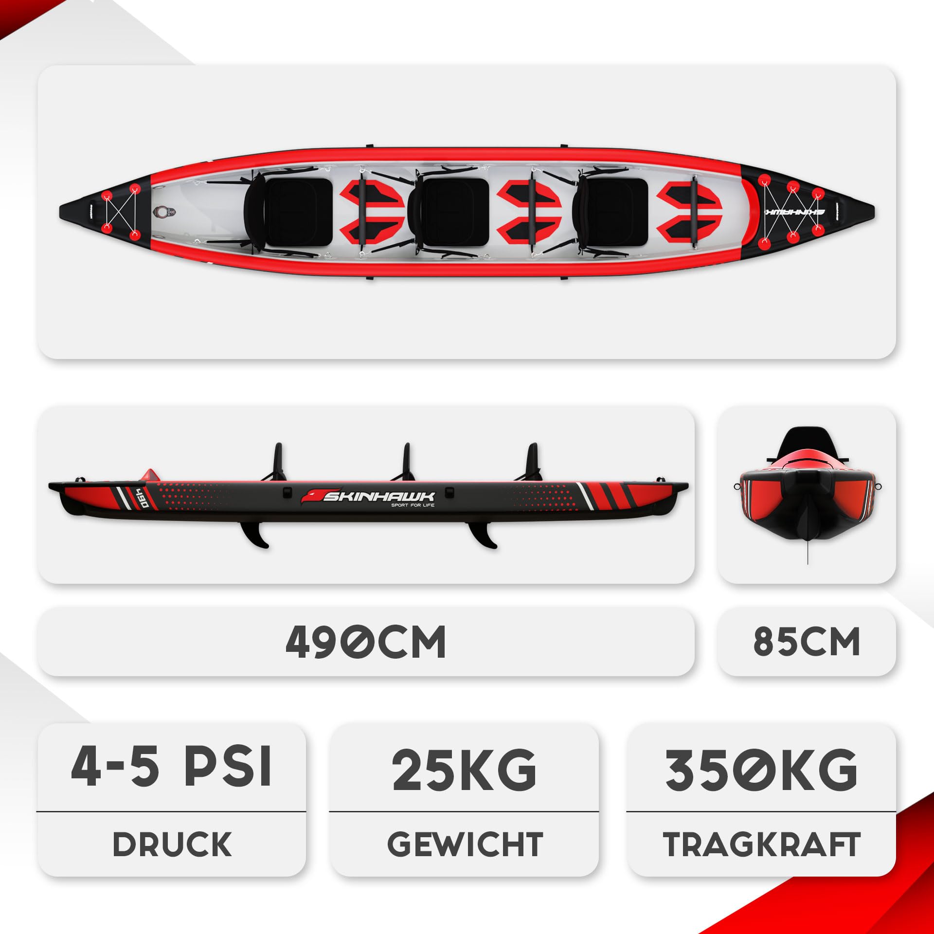 SKINHAWK Premium Drop Stitch Kajak 490 Rot, Schlauchboot, Kanu, zum Aufblasen, Adventure Kajak 490 x 85 cm