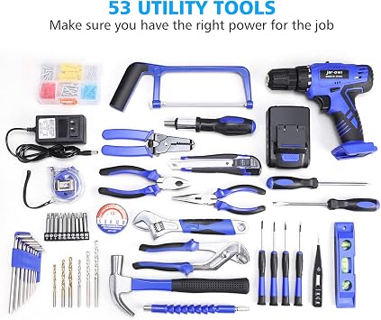112 Pieces Power Tool Combo Kit with 21V Cordless Drill Professional Home Home Tool Kit Set with DIY Hand Tool Kit for Garden Office Home Repair Maintenance Blue