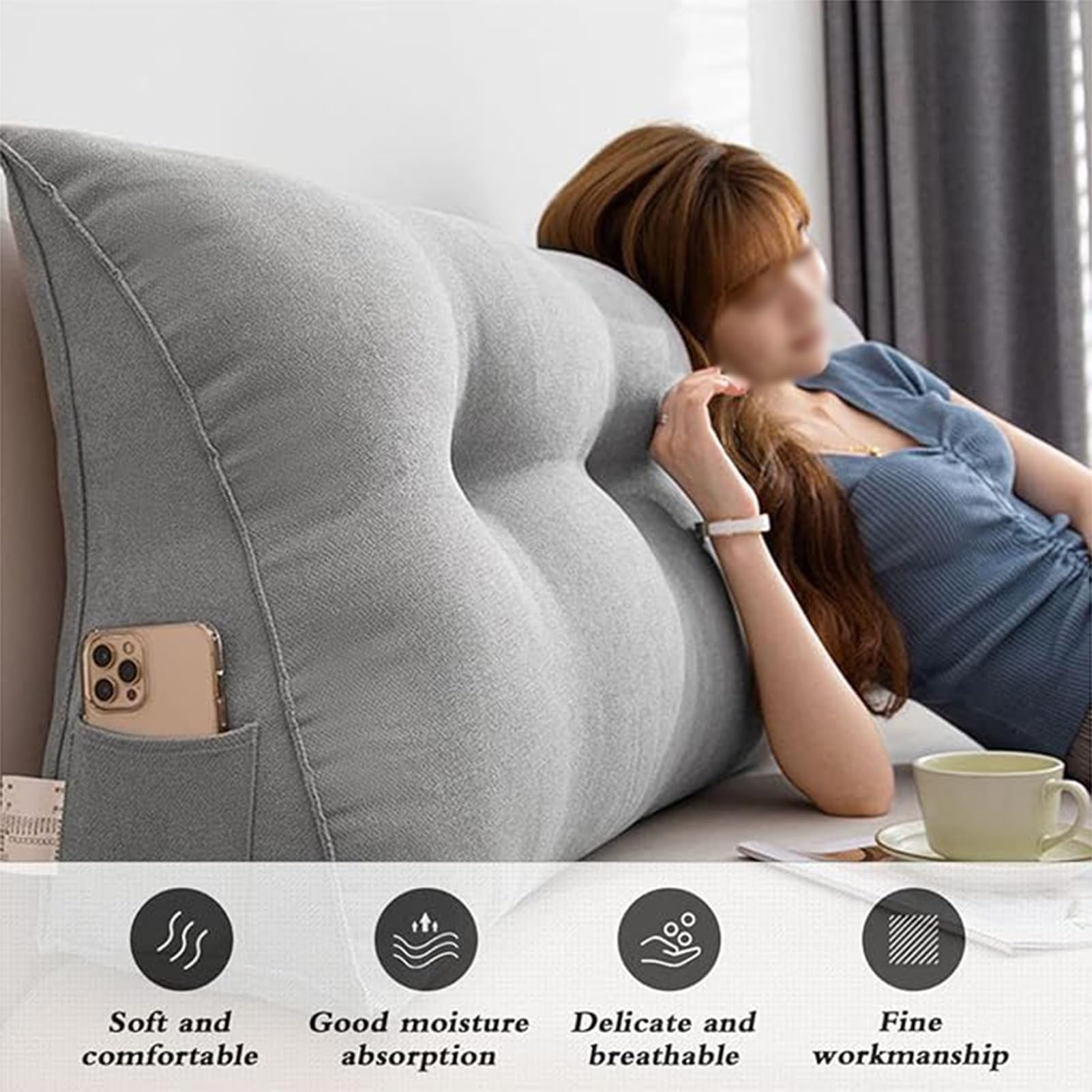 Almohada de apoyo triangular de 80 x 50 x 20 cm, cómodo cojín de respaldo de lectura para cabecero, soporte lumbar, apoyo de posicionamiento, ideal para relajación y apoyo postural.