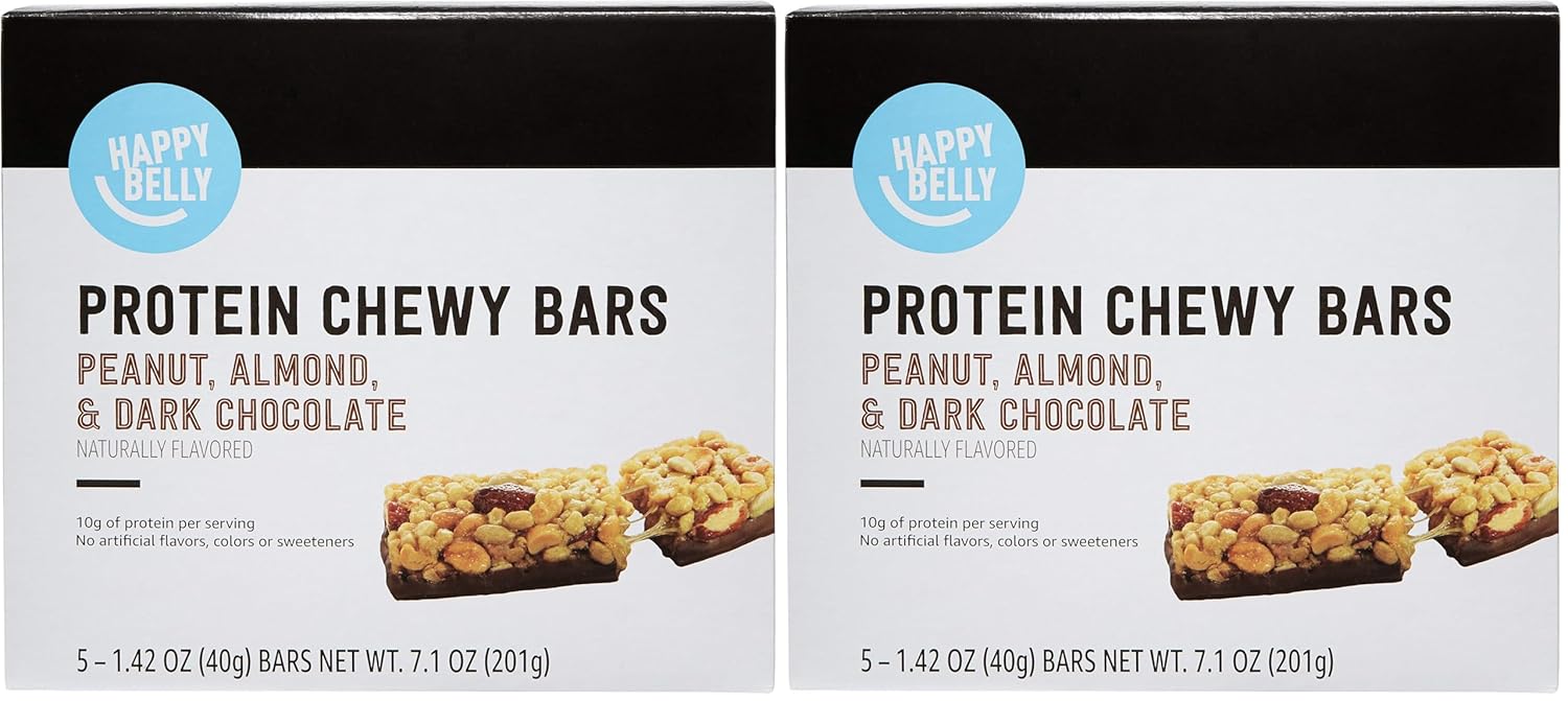 (BEST BY/ Jan/17/26) Brand - Happy Belly Protein Chewy Bars, Peanut, Almond & Dark Chocolate, 5 Count (Pack of 6