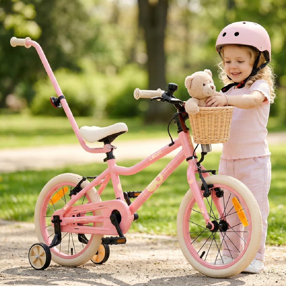 sun baby Vélo Enfant LOOFI 12 14 16 Pouces, Fille et Garçon 2-6 Ans, Max 50 kg - Cadre en Aluminium léger, avec Roues d'appoint, Panier, Sonnette, Autocollants