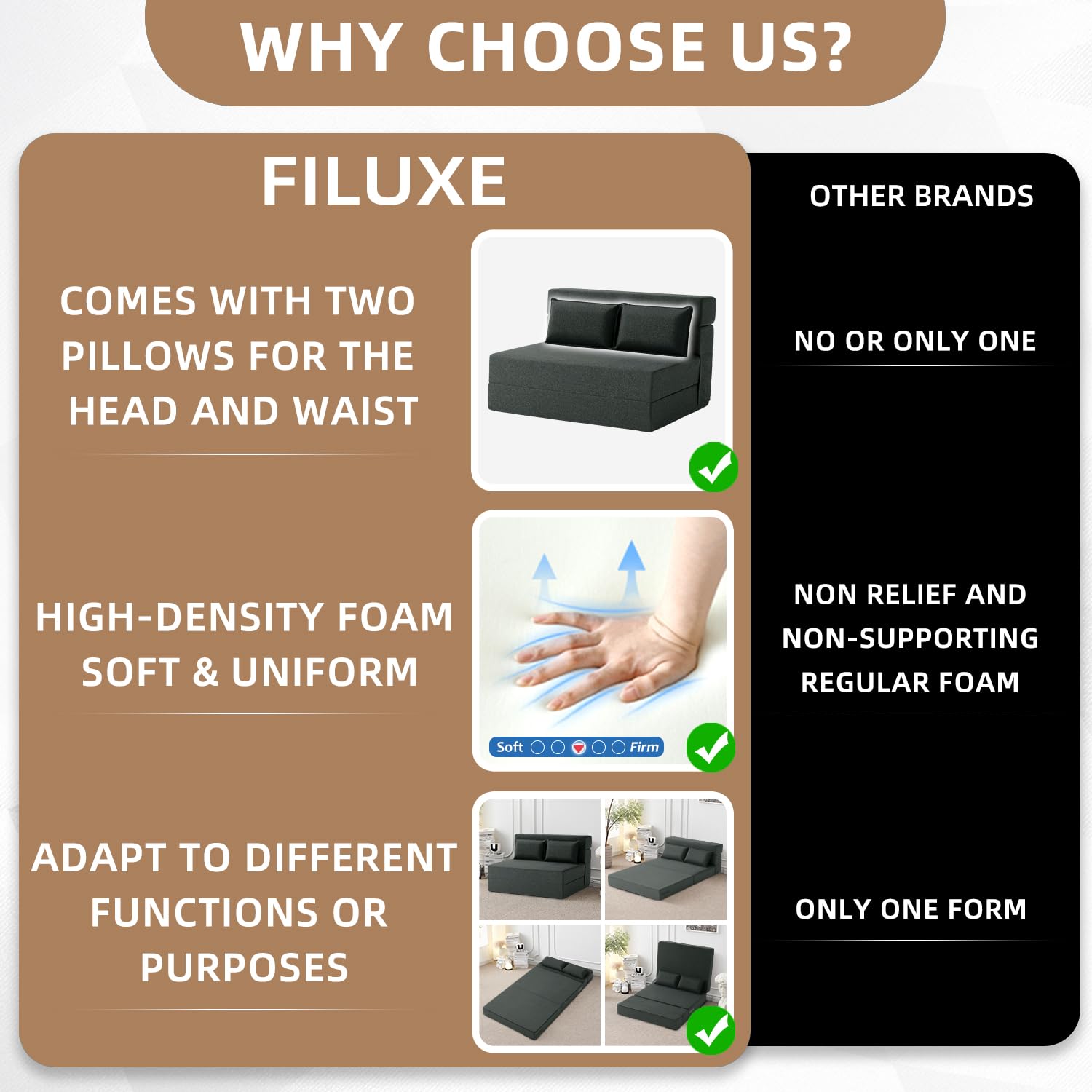 FILUXE Convertible Folding Sofa Bed - Sleeper Chair with Pillow, Modern Linen Fabric Floor & Futon Couch, Foldable Mattress for Living Room/Dorm/Guest Use/Home Office/Apartment, Full Size, Dark Gray