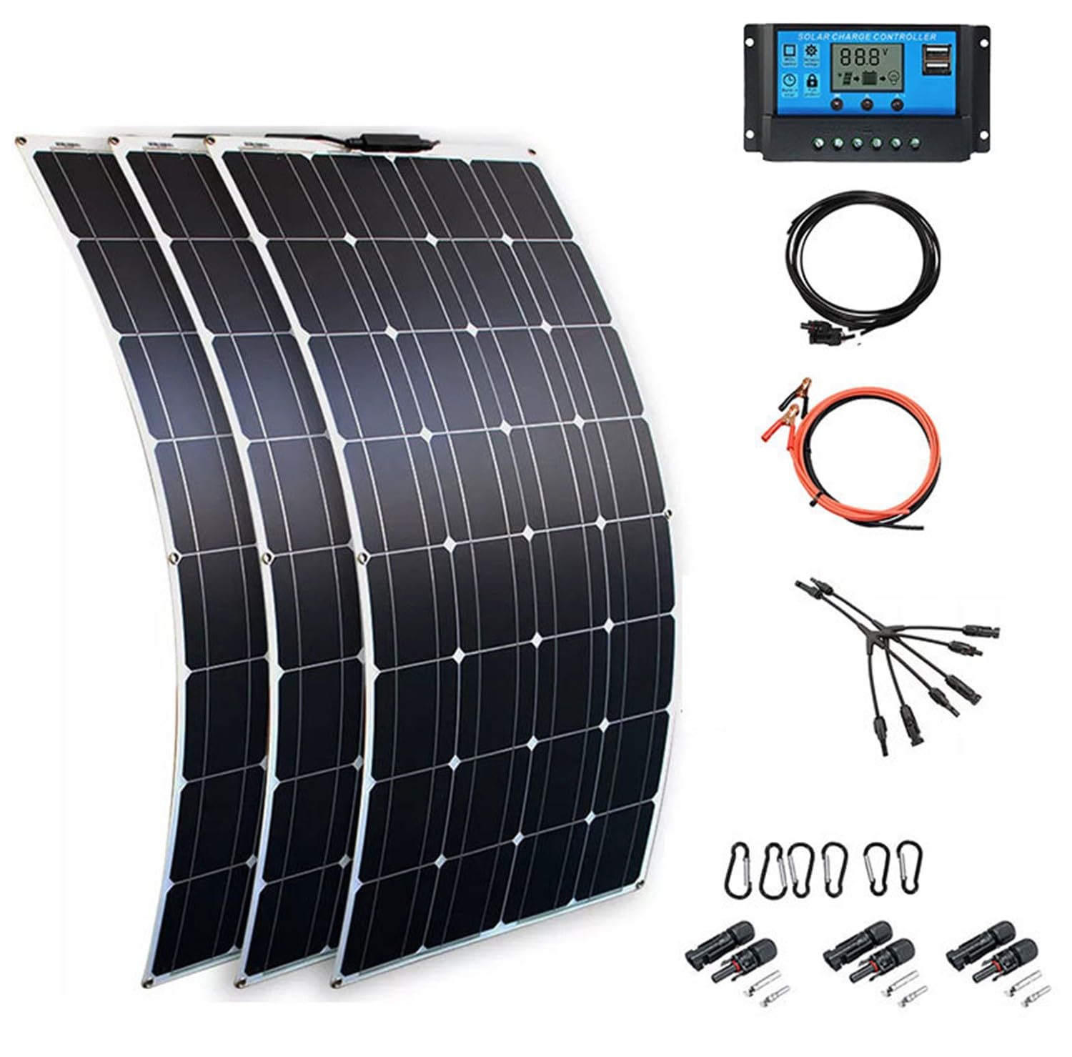 BLUEZY Kit Sistema Pannelli Solari Flessibili 100W 200W 300W 400W Modulo Fotovoltaico con Regolatore Carica 40A, Pannello Solare Monocristallino per Marino,Camper, Campeggio, Barca, Auto 3Pcs