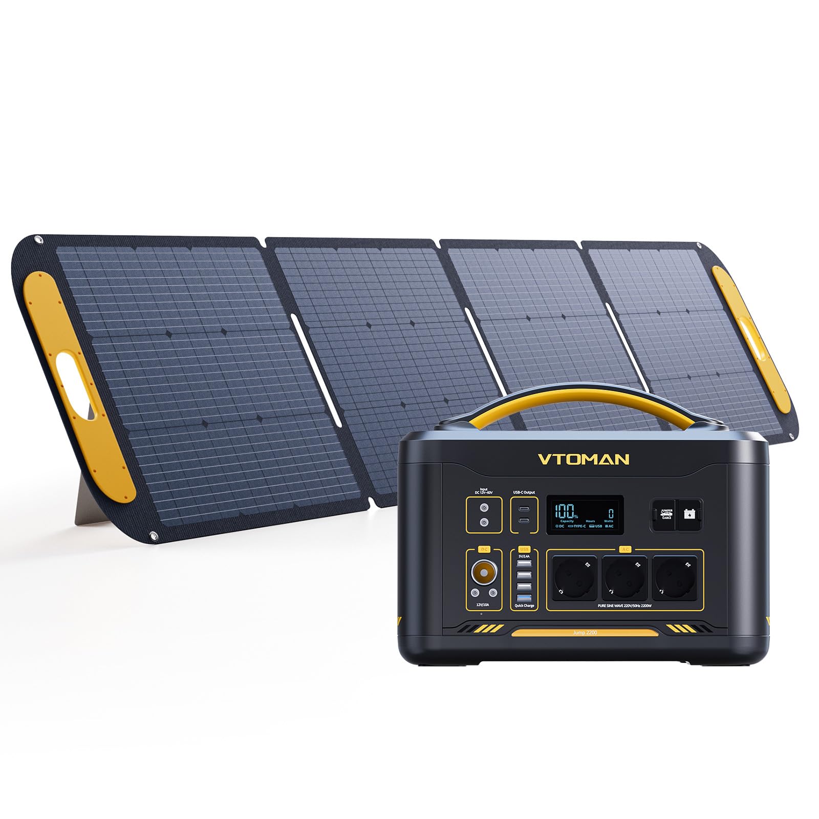 VTOMAN Jump 2200 Tragbare Powerstation mit 200W Leicht Faltbares Solarpanel - 2200W/1548Wh LiFePO4 Batterie Solar Stromgenerator, Erweiterbare Kapazität auf 3096Wh für Camping, Wohnmobil