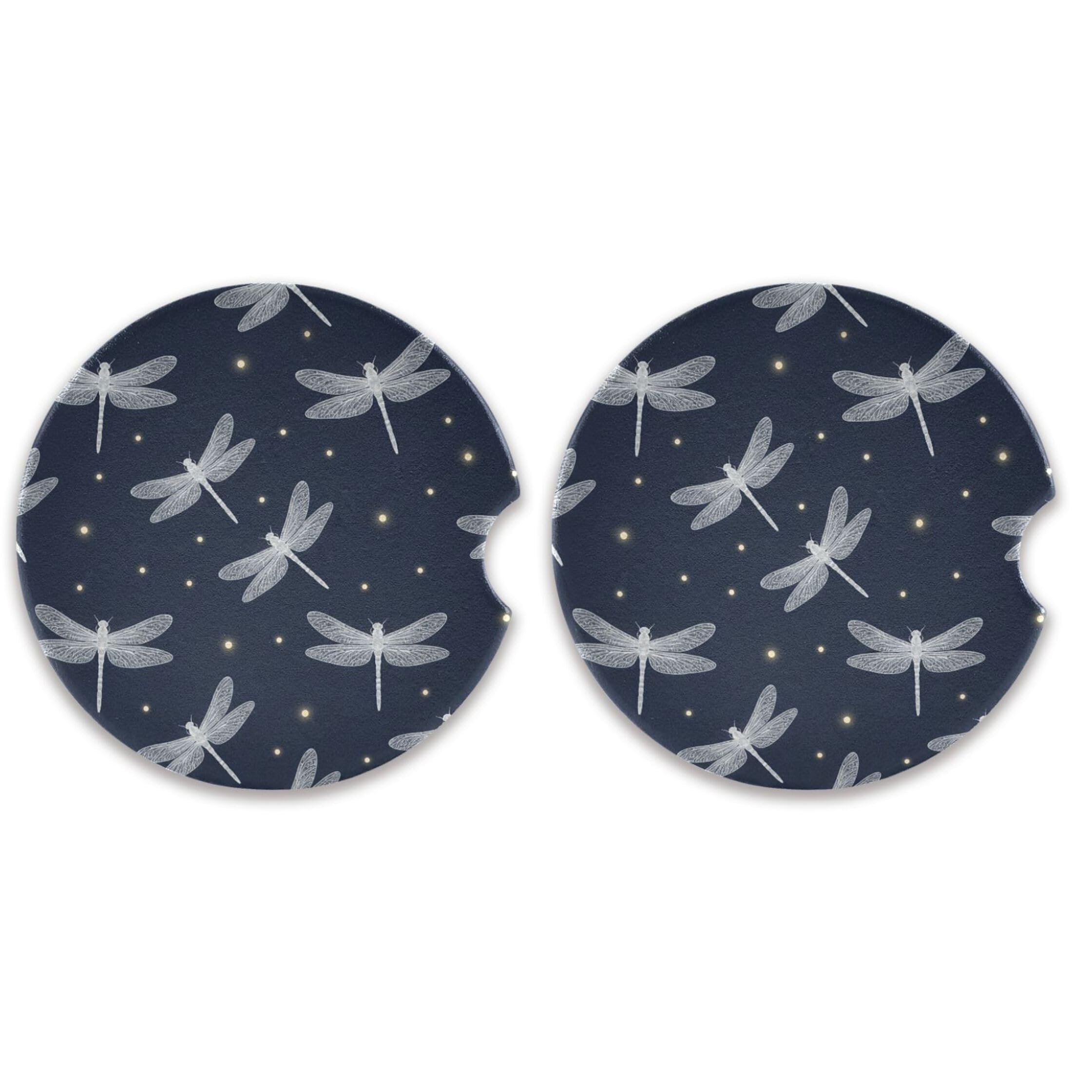 Kutsu Dragonfly Car Coasters Set of 2, Absorbent Ceramic Stone Cork Base Drink Coasters, Easy Removal Car Cup Holder, 2.5 in