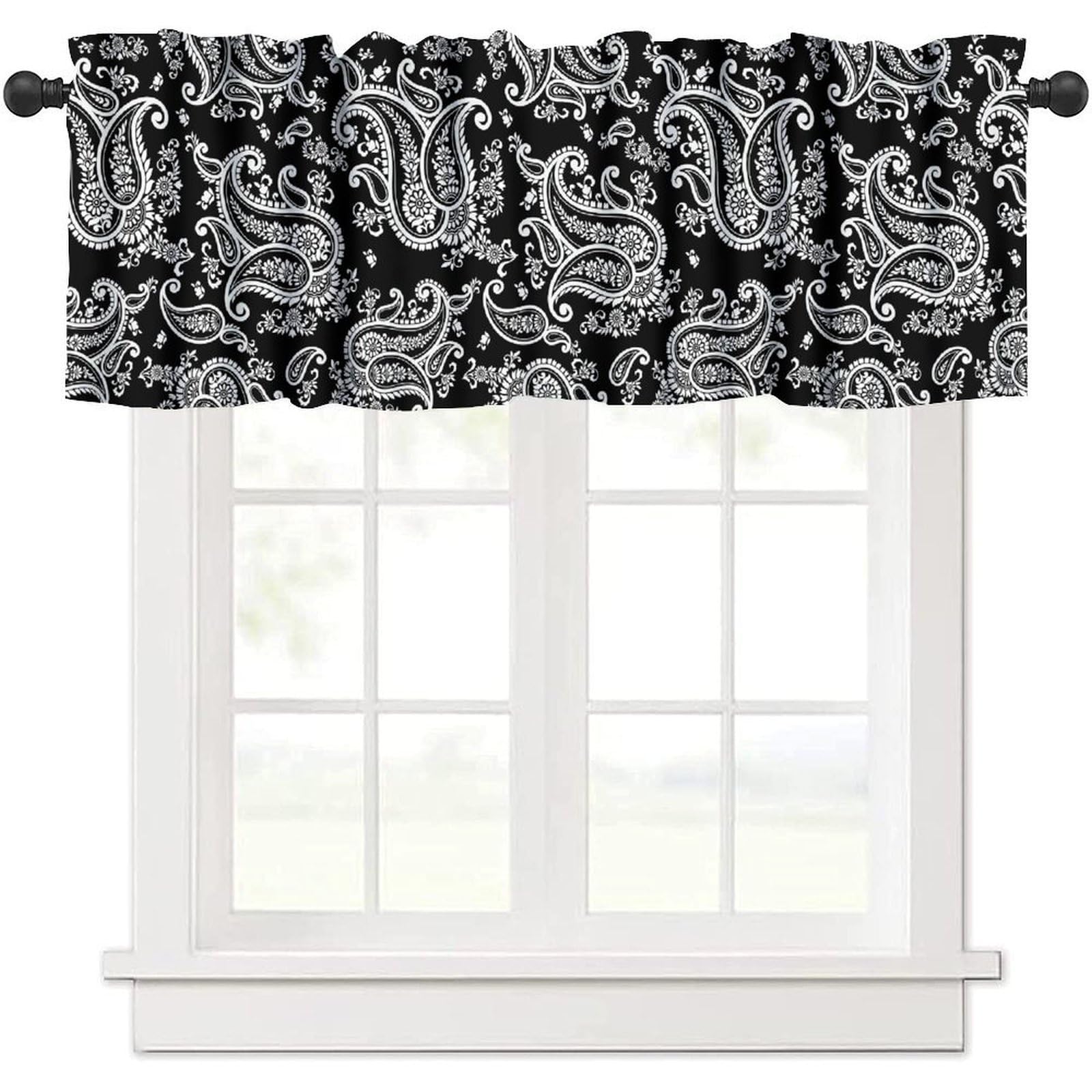 moderw Black White Paisley Window Valance Curtains Retro Asian Ethnic Floral Flower Window Treatments Curtain Valance for Farmhouse Kitchen Bedroom Living Room 54x18inch