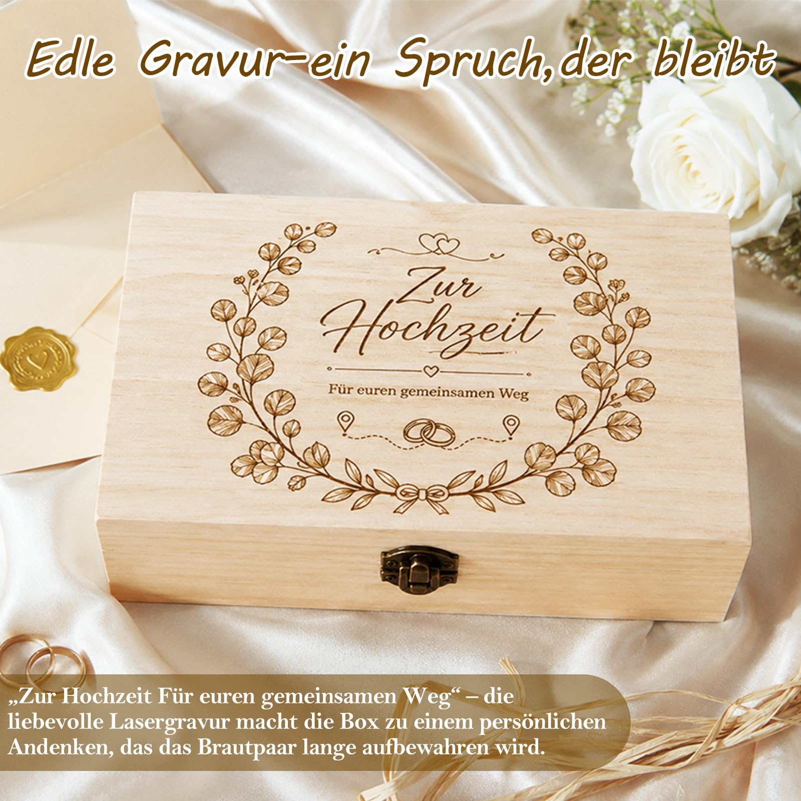 Caja de madera para regalo de boda, grande, regalo de boda para novios, caja de regalo con tarjeta, pinza para dinero y flores secas, para bodas para tu camino común