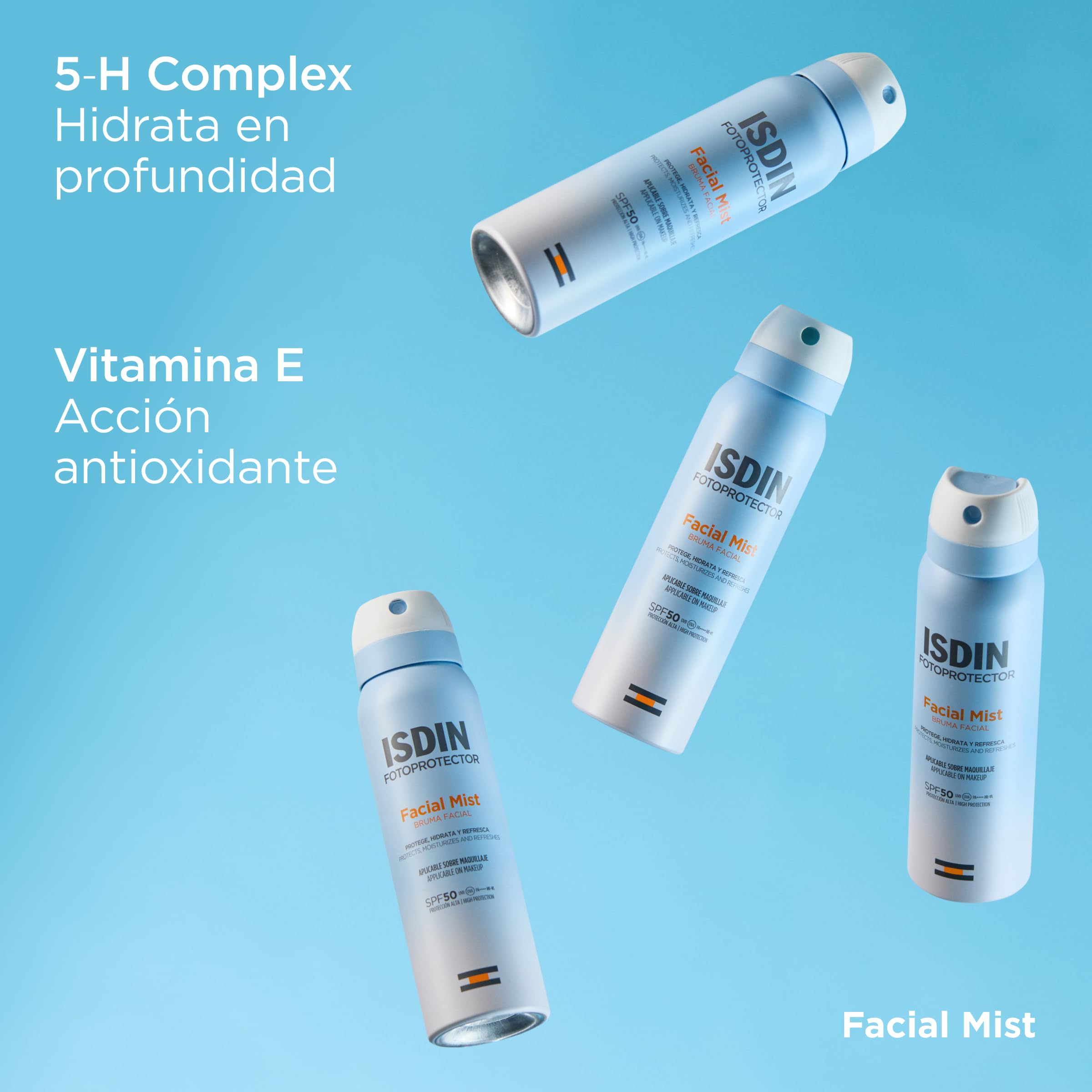 ISDIN Facial Mist SPF 50 (100 ml) | Ultra cienka i niewidoczna mgiełka do twarzy | chroni, nawilża i utrwala makijaż, promienna skóra, odporna na działanie wody, odpowiednia dla skóry wrażliwej