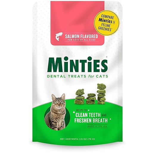 Minties Dental Treats for Cats, Salmon Flavored Treats for Cats, Freshens Breath and Controls Tartar, 2.5oz
