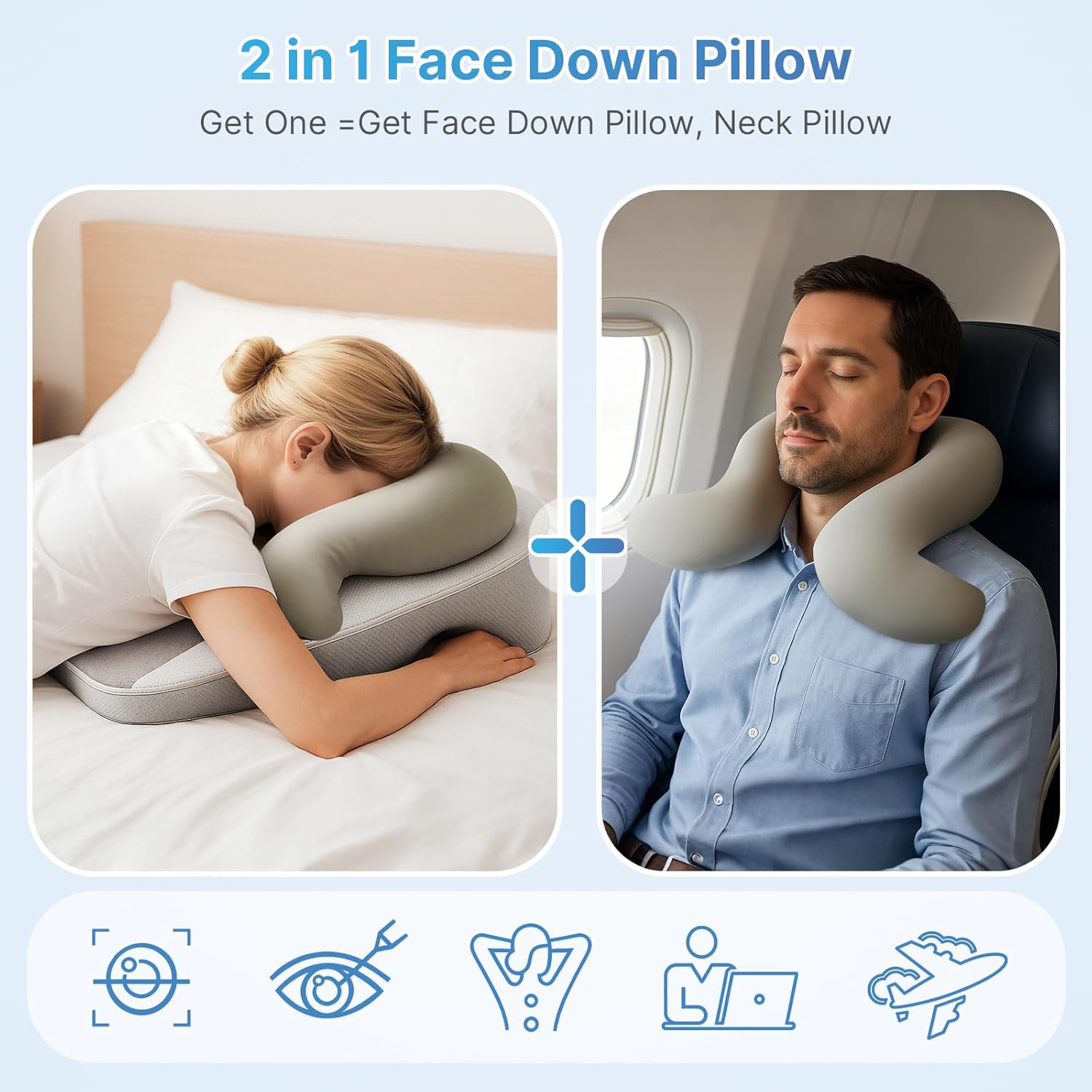 Eye Face Down Pillow Set for Sleeping, BBL, Retinal Surgery Recovery, Soft U-Shaped Memory Foam Stomach Sleeping Prone Pillow with Adjustable Loop for Personalized Comfort, Home Massage Pillows, Grey