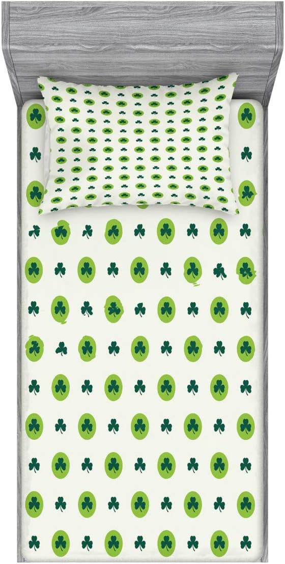 Ambesonne Floral Fitted Sheet & Pillow Sham Set, Clover Flowers Green Dots Cultural Irish St. Patrick's Day Pattern, Decorative Printed 2 Piece Bedding Decor Set, Twin, Lime Green Twin Lime Green