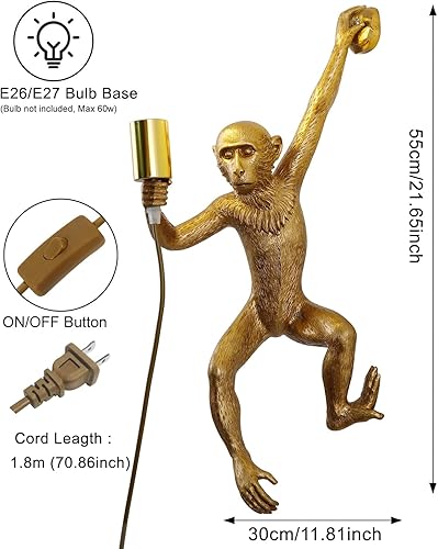 Miniatura 5 de Jorunhe Apliques de pared enchufables, lámpara de pared de mono de resina, interruptor de encendido y apagado de 21.65 x 11.81 pulgadas, lámpara de
