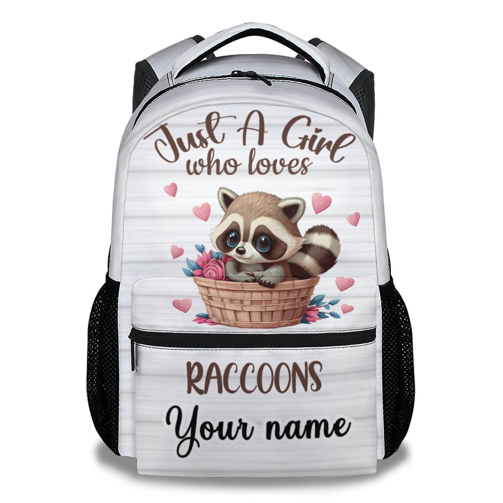 CUSPCOD Personalized Raccoon Backpack for Girls Boys, 16 Inch White Backpacks for School, Cute, Adjustable Straps, Durable, Lightweight, Large
