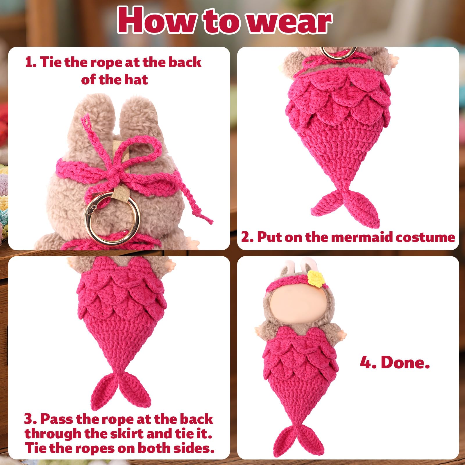 Lyreh Clothes Set for Doll Wool Mermaid Outfit Clothing with Hairband Cute Kawaii Fashion Costume Accessories for Dolls (Rose Red) - Image 4
