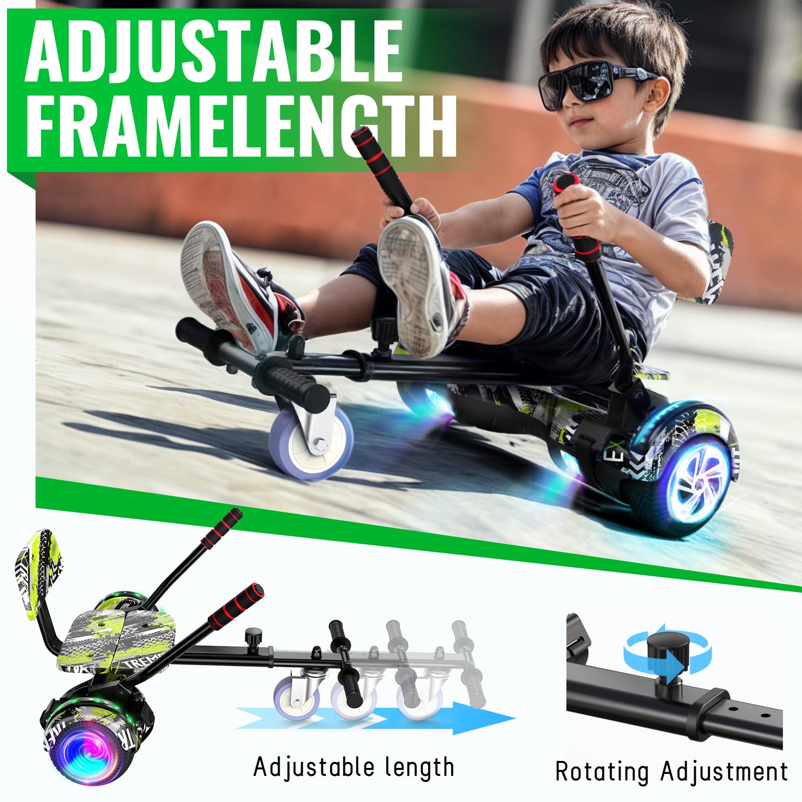 SISIGAD Hoverboard, Scooter Sitzbefestigung Combo mit Bluetooth Corlorful LED Lights, einstellbare Rahmenlänge für Kinder