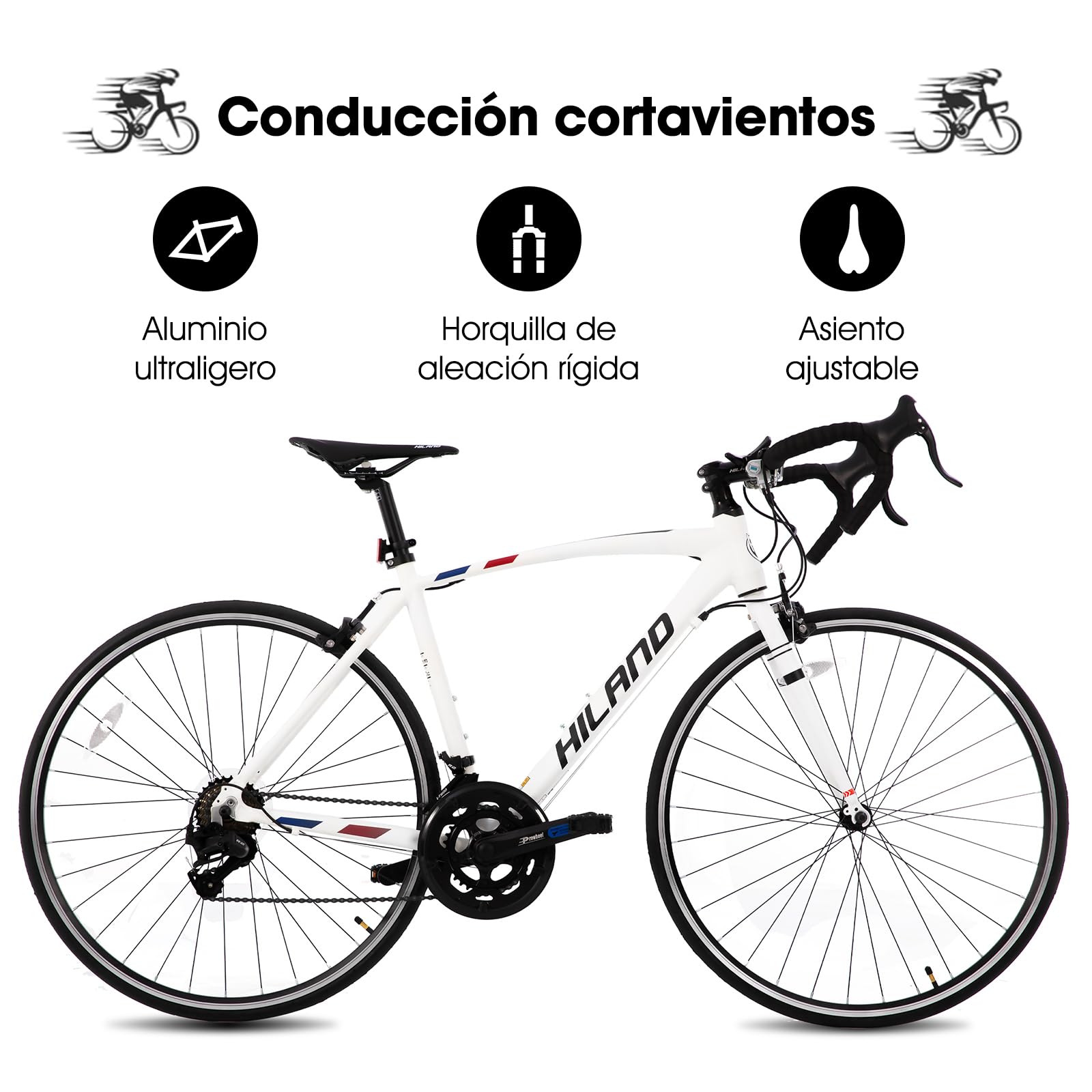 Hiland Bicicleta de Carretera 28 Pulgadas, Cuadro de Aluminio 700C Unisex, Frenos de Llanta Delanteros y Traseros, 14 Velocidades, Cuadro 490/530/570 mm, Negro/Blanco