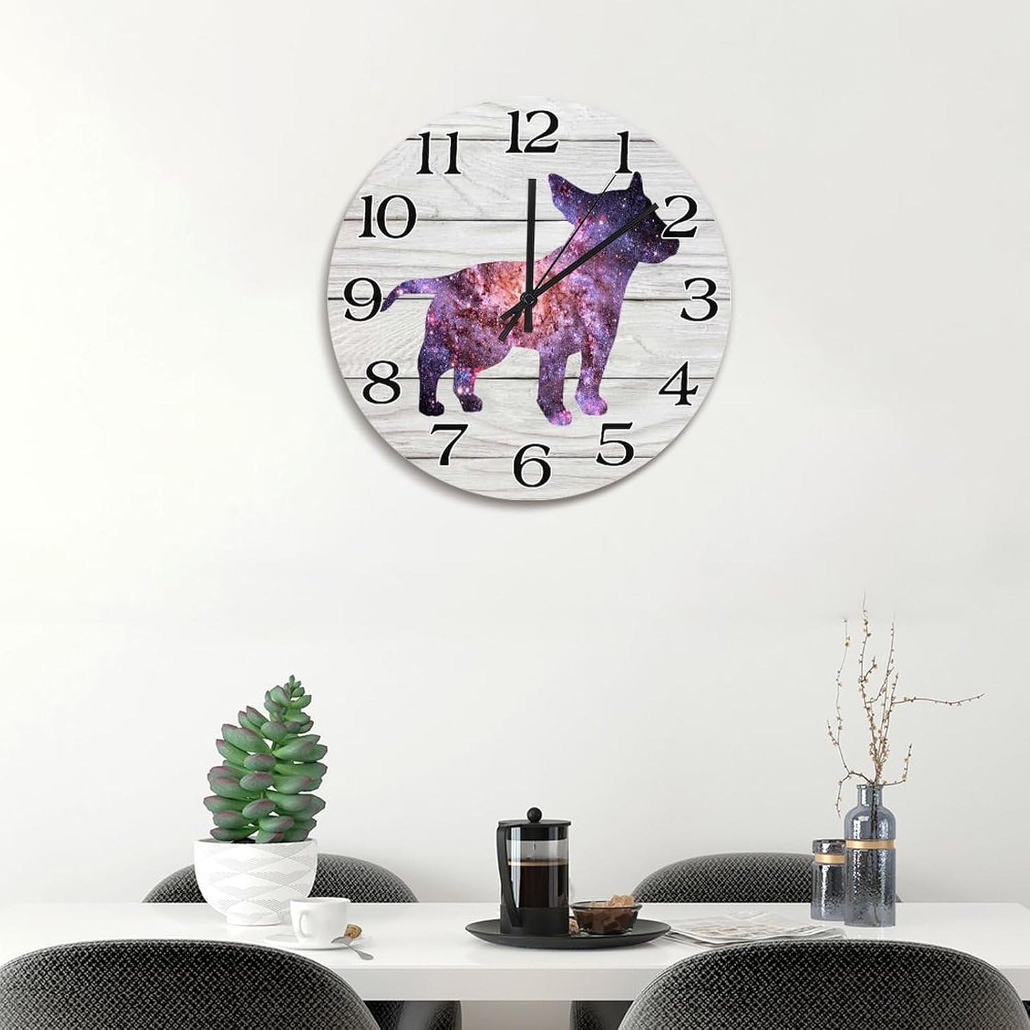 Funny Round Puppy Wooden Clock 15in Starry Sky Silhouette Dog Bull Terrier Silent Non-Ticking Battery Operated Wood Wall Clock for School Classroom Nursery Cafe Bar Pub Home Decor