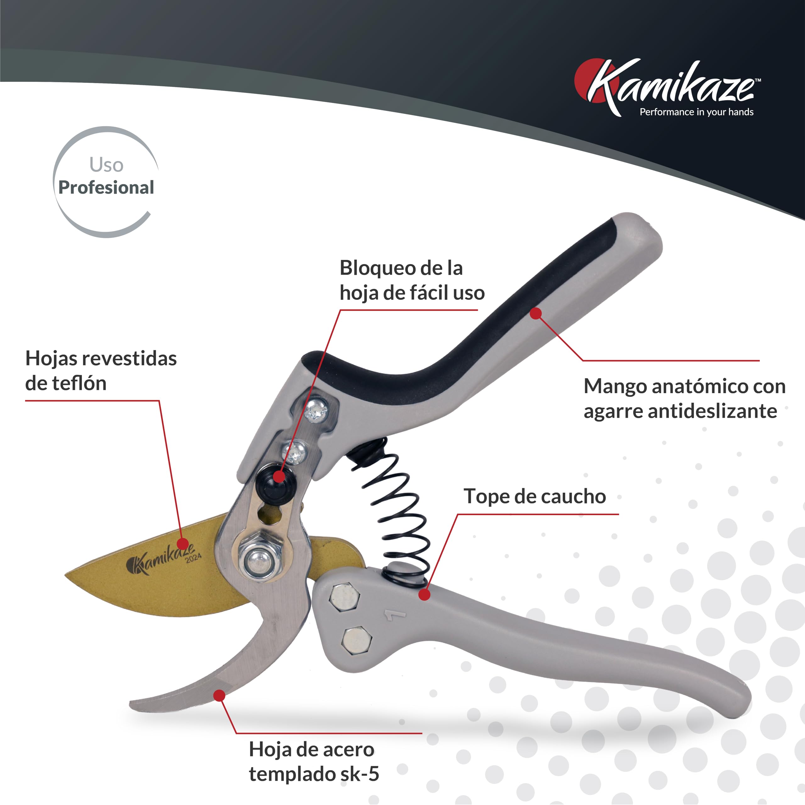 Kamikaze Tijeras Podar Profesional KM1-M Force.20mm Ø. Hoja Teflonada y Acero Templado SK-5.Tijeras Jardinería. Mango ergonómico efecto palanca.Sistema Bypass.Corte Preciso para Jardinería