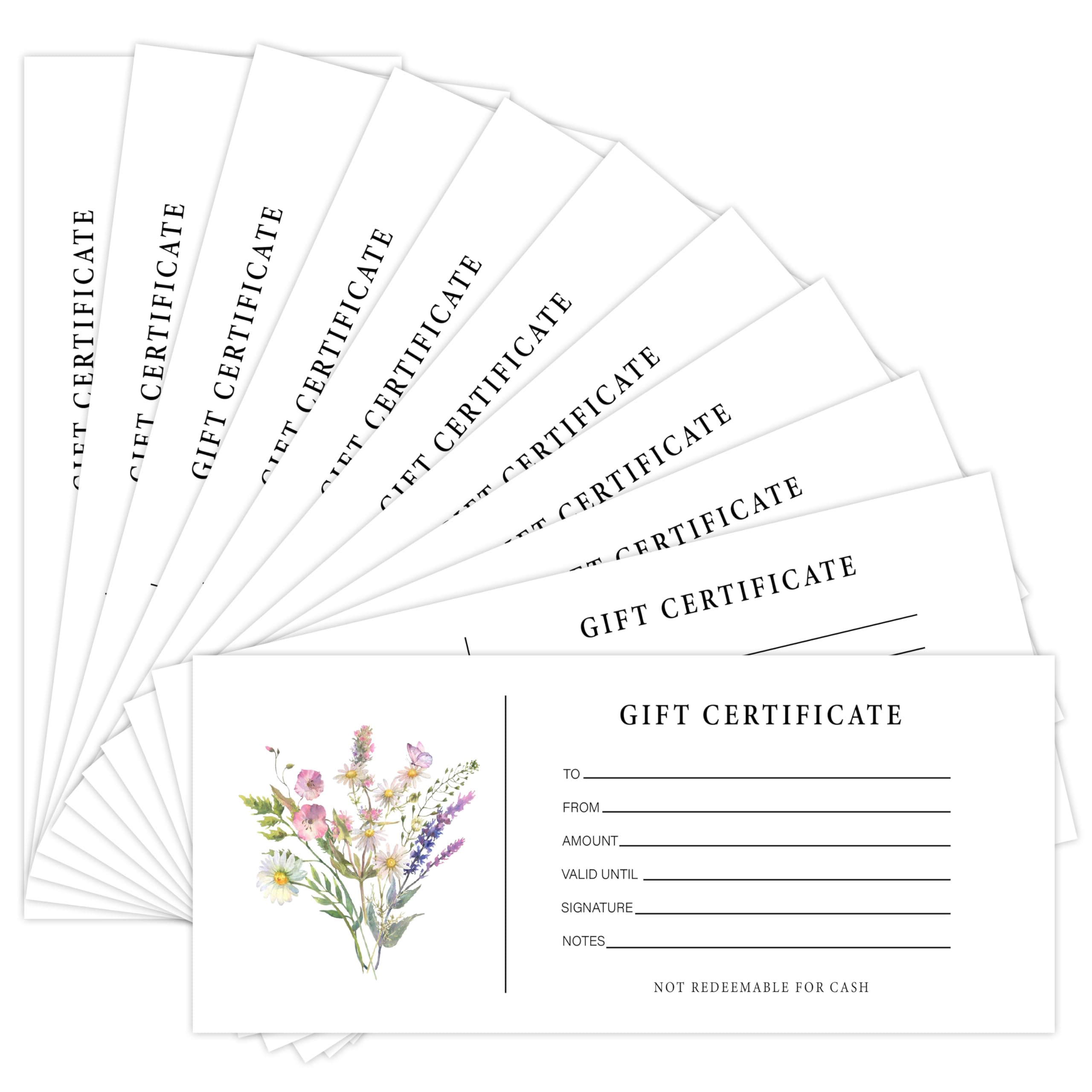 Juego de 25 certificados de regalo para negocios, tarjetas de regalo florales en blanco con sobres, regalos para salones, restaurantes, spa, cumpleaños, matrimonio, clientes -07