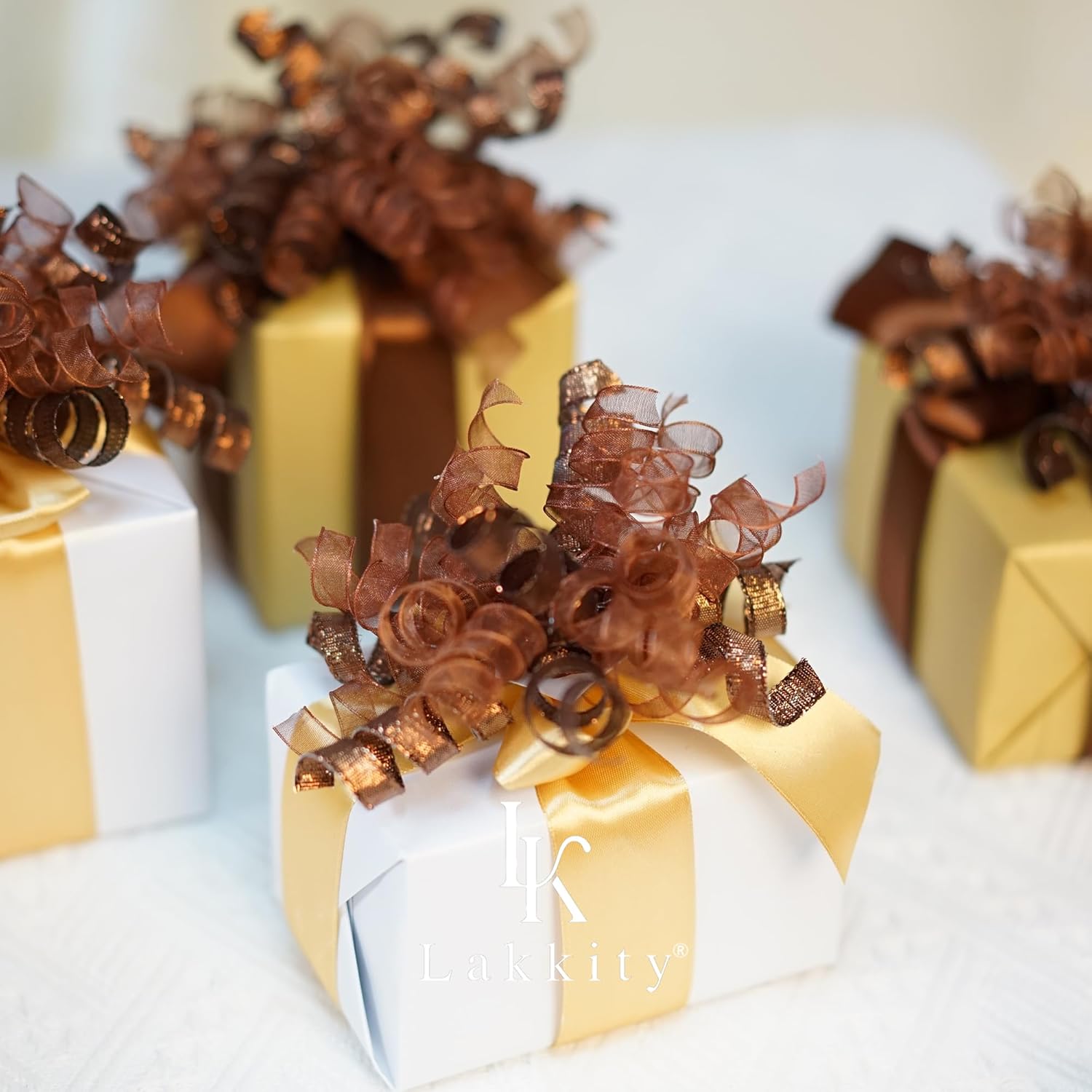 Lakkity 12 Counts Amber Color Curly Ribbon Bows Brown Fall Wreath Bows for Gift Wrapping, Self Adhesive Burst Gift Bow for Presents, Birthday, Christmas, Halloween, Holiday Party Favors, Thanksgiving - Image 8