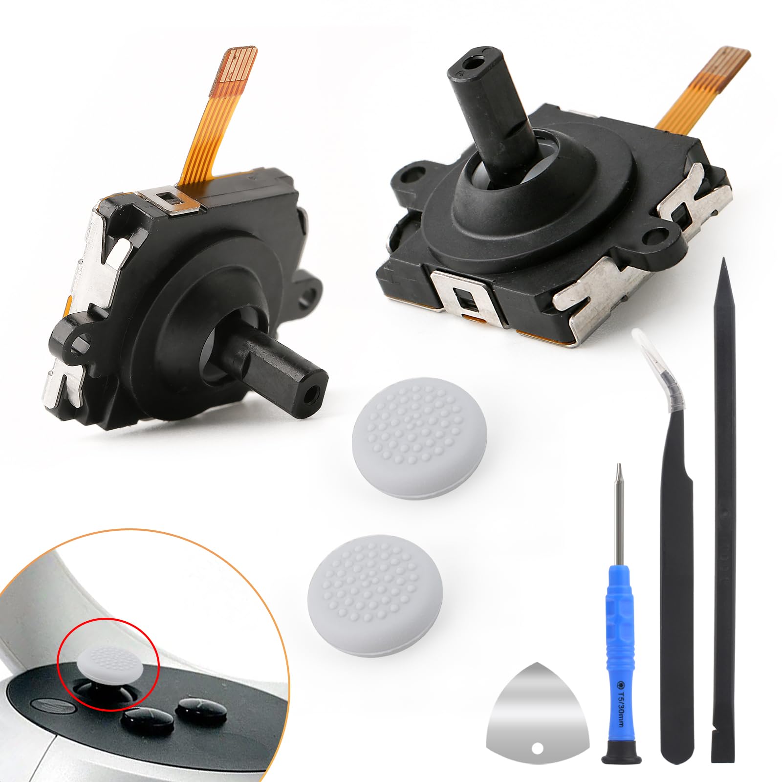 2Pack Joysticks Replacement for Oculus Quest 2 Joystick Controller Sensor Module for Meta Quest 2 Joystick Thumbstick Cap Replacement Accessories Parts Drift Repair with Tools Black-Joystick+Cap