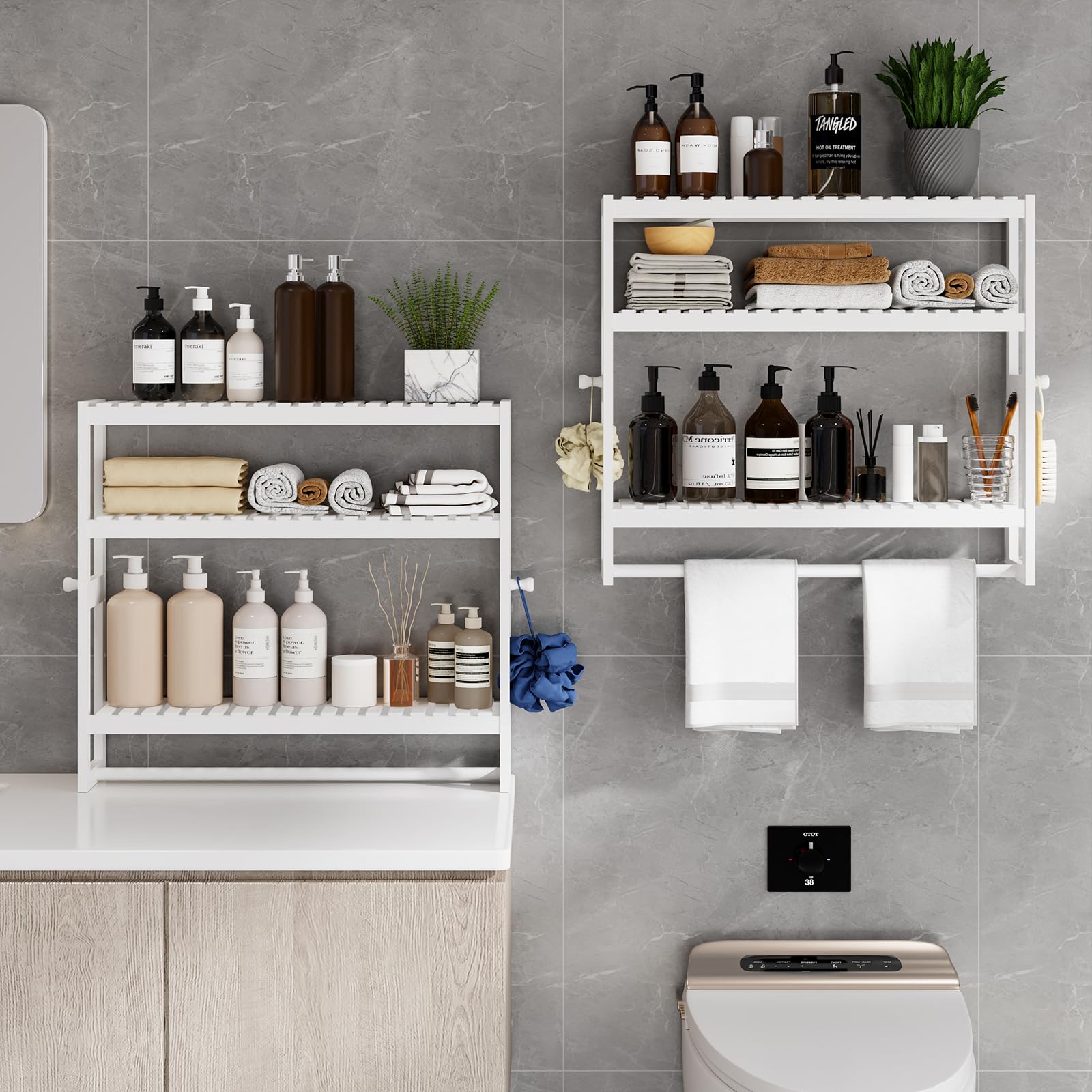 RRX Organizador de almacenamiento de estante de baño, 15 cm de profundidad x 60 cm de ancho x 53,8 cm de alto, organizador de cocina flotante de bambú de 3 niveles ajustable con barra, unidades de