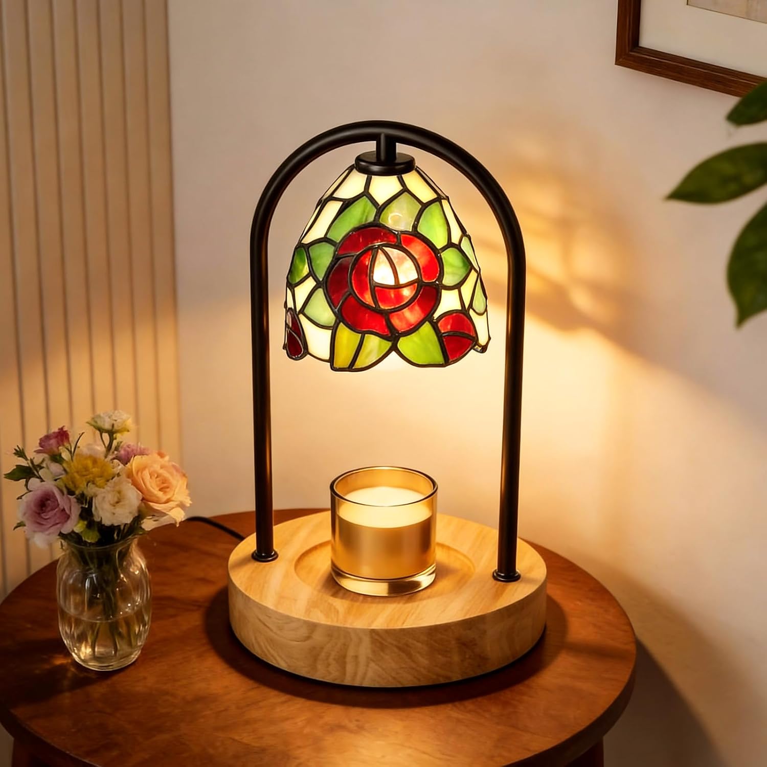 Candle Warmer Lamp - Blossom Rose Tiffany Wood Base Timer | Rsbrillialite Candle Warmer Lamp - Blossom Rose Tiffany Style Glass Wax Melter with Timer, Wood Base for Room Decor