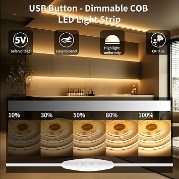 2M 5V USB COB LED Strip Light, 640LEDs Warm White 3000K Dimmable LED Tape CRI85+ Flexible Tape Light for TV Monitor Backlight,Mirror,Cabinet,Wardrobe,Home DIY