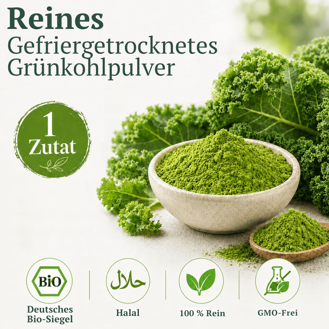 Pure Bio Grünkohl Pulver, 25 x 2g Sachets auf Grünes Superfood | Ohne Zusatzstoffe, Gefriergetrocknet, Hoher Gehalt an Protein, Kalzium, Vitamin C & K, Antioxidantienreich, 9 Aminosäuren