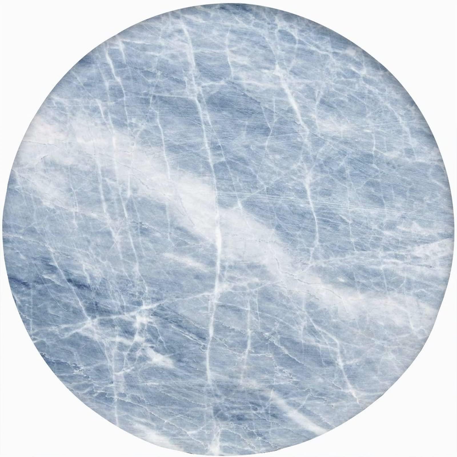 Marble Fitted Round Table Cloth,Light Blue Marble with White Cracks Decorative Elastic Edged Print Polyester Table Cover, Fits Round Table 48" Diameter, for Indoor Outdoor Patio Use,Light Blue White