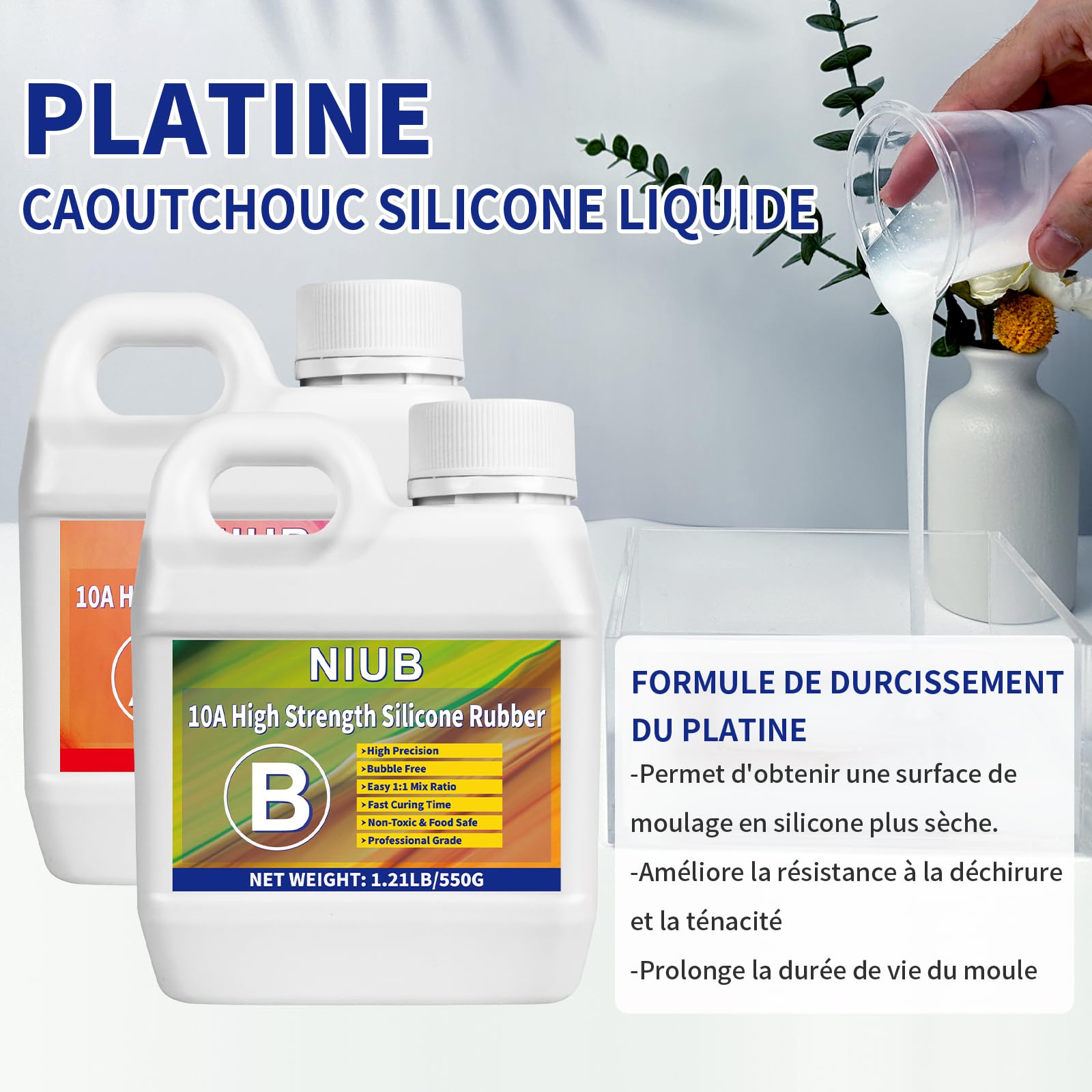 10A Silicone pour Moulage, Silicone Liquide pour Moulage, 1,1KG Silicone Moulage, Fabrication Moule Silicone, Kit de Fabrication de Moule en Silicone, Silicone pour Moulage Alimentaire