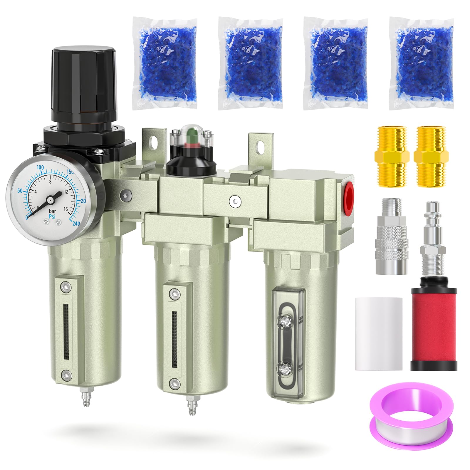 BOGERDACK 3 Stage Heavy Duty Industrial Grade 1/2" NPT Air Drying System with Coalescing Filter, Particulate Filter, Desiccant Dryer & Air Regulator,