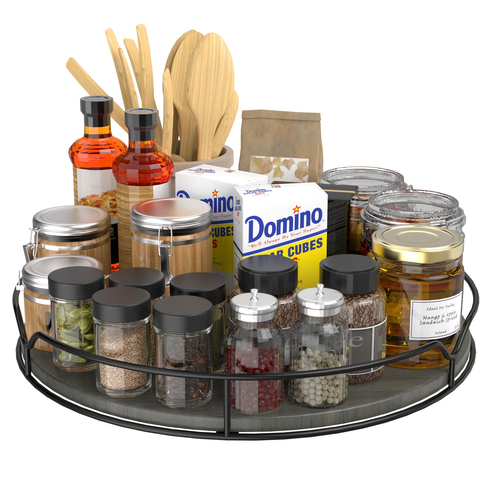 Lazy Susan Turntable Organizer with Anti-Slip Mat for Cabinet Pantry Kitchen Countertop Refrigerator Office, Pine Wood, 12", Grey…
