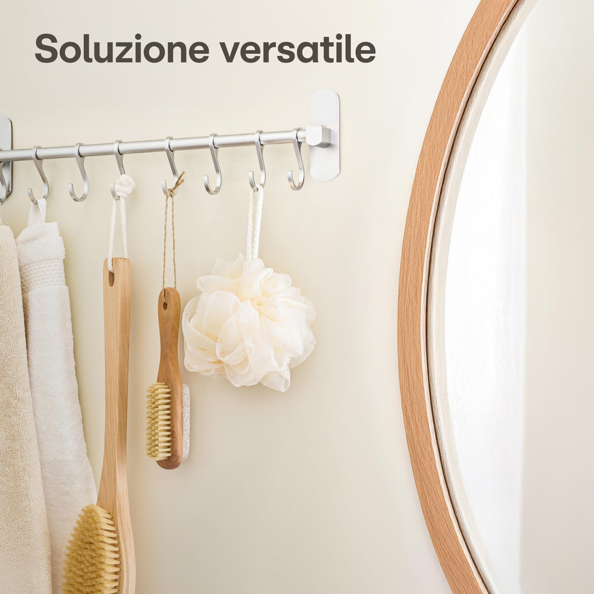 Praknu Barra Portautensili da Cucina Adesiva – 8 Ganci Regolabili - Installazione Senza Buchi - 40 cm – Supporto in Alluminio per Utensili da Cucina
