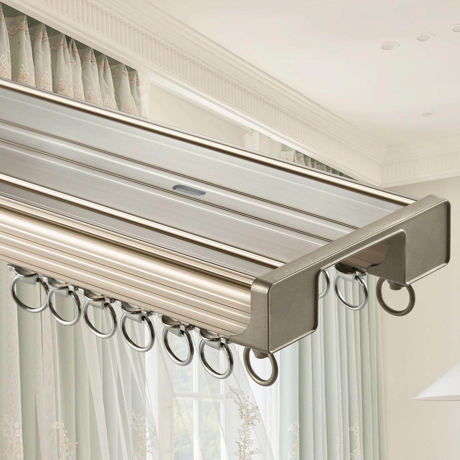 Sistema de riel doble techo para cortinas divisorias de salón y dormitorio