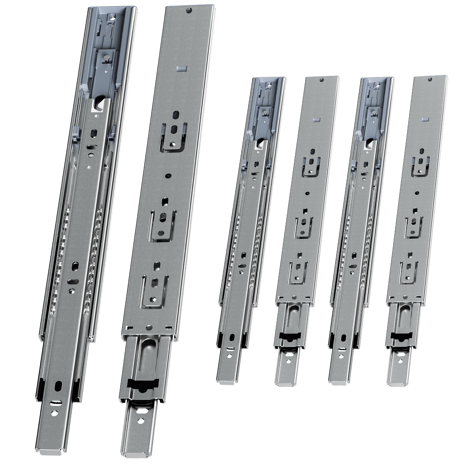 3 pares (6 unidades) de guías para cajones de 650 mm de extensión completa con autocierre, guía de bolas de acero galvanizado, altura del riel de 45 mm, capacidad de carga de hasta 45 kg por par