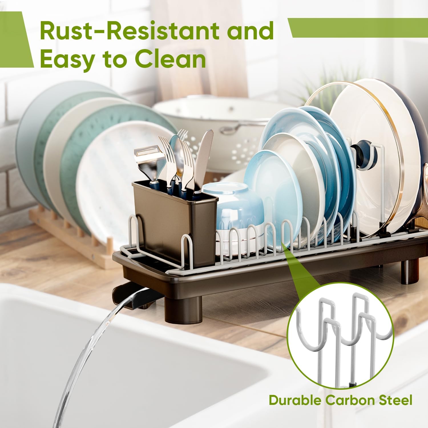 VUSIGN Small Dish Drying Rack with Drain, Compact Dish Rack, Slim Dish Drainers for Kitchen Counter, Extendable Spout Strainers with Removable Utensil Holder, Space Saving, Black