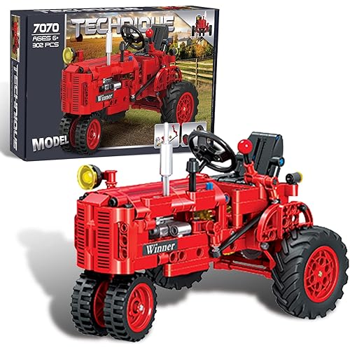 Classic Building Blocks 1/12 Red Tractor Farm Toy Building Set Gift for Kids Ages 6 7 8 9 10 11 12 Includes Shifting Structure, Steering Structure Features (Classic Edition)