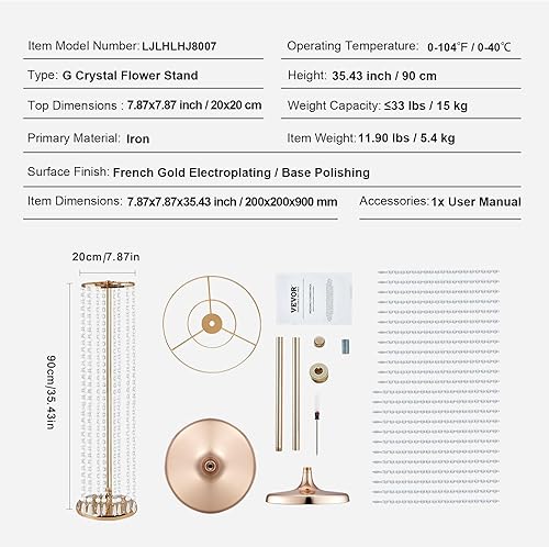 Miniatura 7 de VEVOR 4 piezas de 35.43 pulgadas de alto para flores de boda, centros de mesa lujosos, jarrones de cristal dorado de metal, perfecto para escenarios